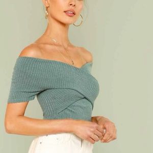 Green Ribbed Off-the-Shoulder Crisscross Top